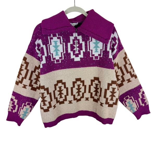 Woven Heart Sweaters - Woven Heart Pink Aztec Western Patterned Collared 1/4 Zip Pullover Sweater Sz L